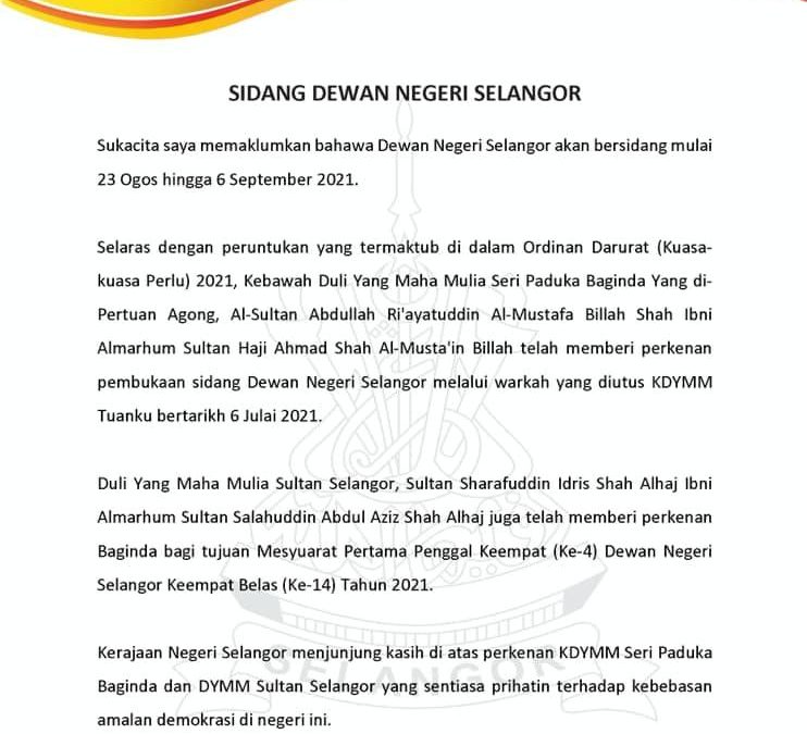 Kenyataan Media Berkenaan Sidang Dewan Negeri Selangor
